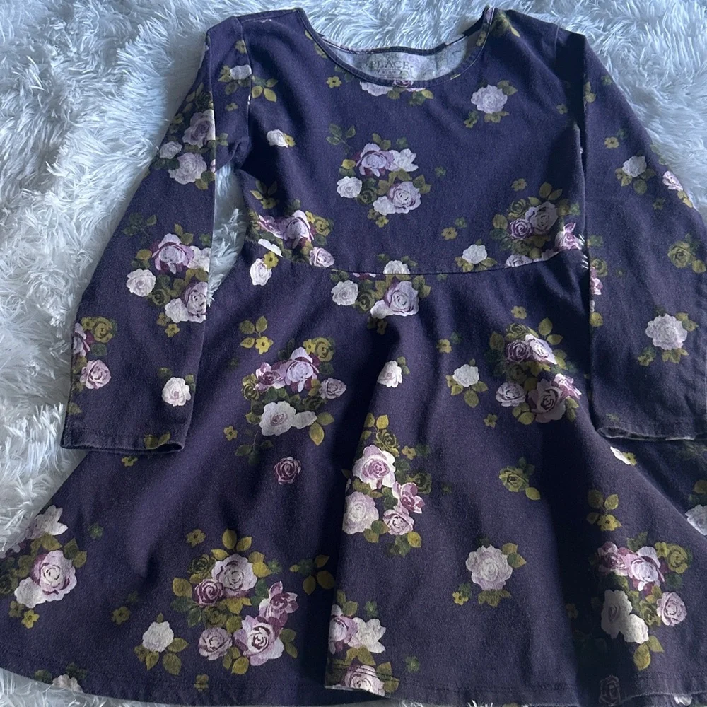 🎀 Place Girls Floral Long Sleeve Dress Purple Plum Flowers Size 5/6 So Cute 💕